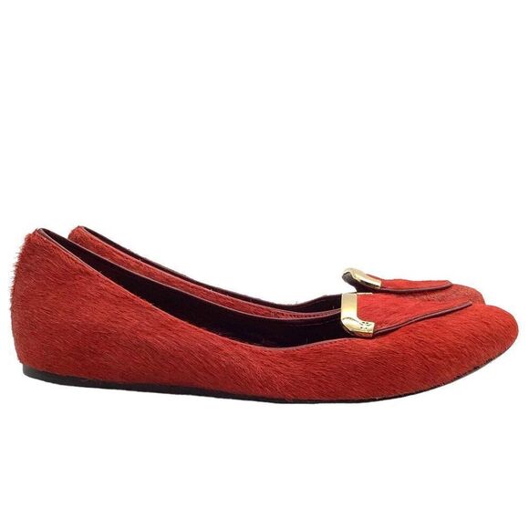 $295 TORY BURCH Jess Calf Hair Flats 7.5 Brick Red Smoking Slipper Ballet Loafer - Picture 3 of 11